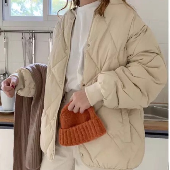 Coat jacket quilted cotton womens fall button cream - Picture 3 of 6